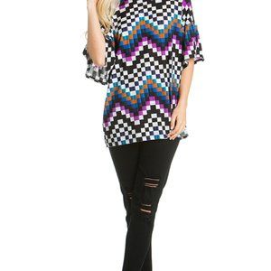 Azules Chevron Multi-Color Curve Neck Bell Sleeve Popover Small Top